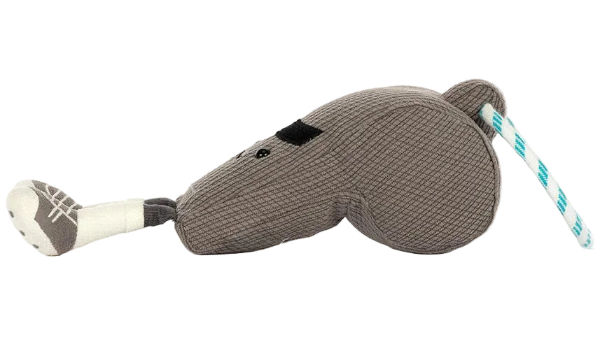 The Jellycat Amuseables Sports Walston Whistle is a gray fabric mouse toy, featuring a bandaged paw, a blue-and-white striped tail, and black stitched details—shown in side view as a delightful addition to the collection.