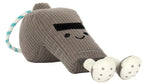 The Jellycat Amuseables Sports Walston Whistle is a plush toy shaped like a gray whistle with a smiling face, black eyebrows, and white legs decorated with black dots. It also features a blue and white striped loop attached at the back and is part of the Amuseables Sports collection.