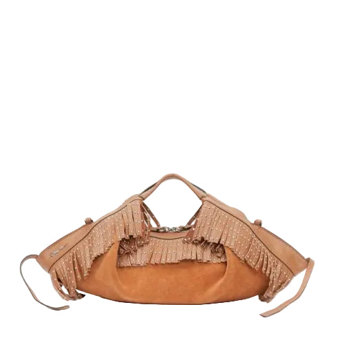 The 3.1 Phillip Lim Mini Suede Luna Fringe Crossbody features top handles, decorative fringe, and side tassels, shown against a plain white background.