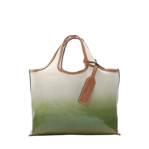 The Coated Ombre Canvas Mini Market Tote by 3.1 Phillip Lim features short handles, brown trim, a green-to-white gradient on coated canvas, and a brown tag attached to one handle for a modern, compact look.