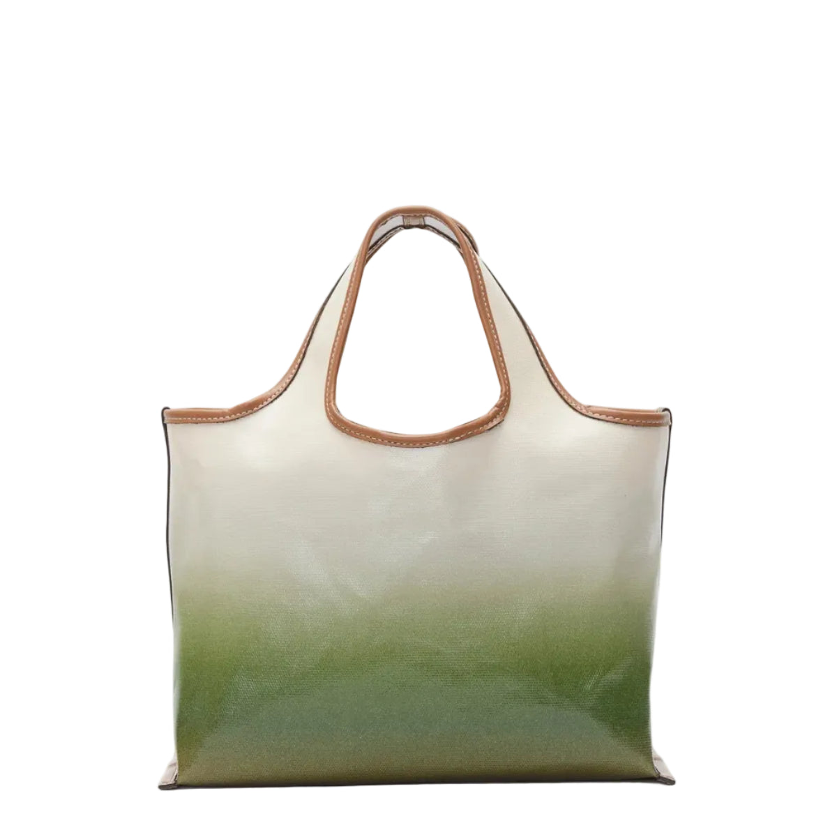 The 3.1 Phillip Lim Coated Ombre Canvas Mini Market Tote features brown handles and trim, a cream-to-green gradient design, and durable coated canvas construction.