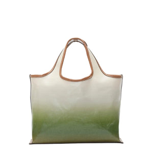 The 3.1 Phillip Lim Coated Ombre Canvas Mini Market Tote features brown handles and trim, a cream-to-green gradient design, and durable coated canvas construction.