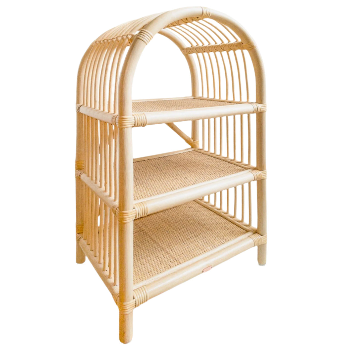 The Mini Rattan Shelf by Poppie boasts three generous shelves and a stylish arched top, making it an ideal addition to play kitchens or living rooms.