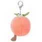 The Jellycat Amuseables Peach Bag Charm is a plush keychain featuring green leaf accents, a brown stem, and a silver clasp—ideal as a fun and playful bag accessory.
