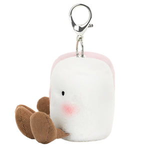 A cute Jellycat Amuseables Pair of Marshmallows Bag Charm—white, square plush keychains with pink cheeks, black eyes, brown corduroy feet, and a silver clasp.