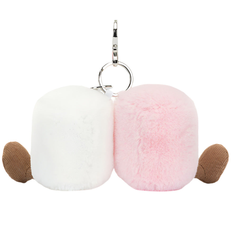The Jellycat Amuseables Pair of Marshmallows Bag Charm is a kawaii keychain with two plush cubes—one white, one pink—both with cute brown feet, attached side by side for a charming accessory.