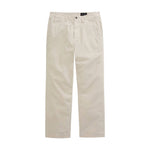 The Archie Sueded Trouser by AG Jeans, featuring a straight-leg silhouette in beige khaki with belt loops, front pockets, and a button closure, is displayed laid flat on a white background.