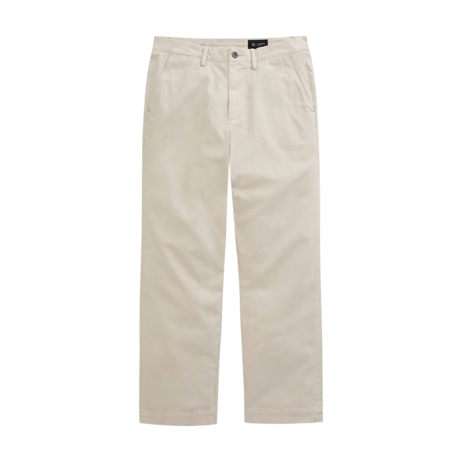 The Archie Sueded Trouser by AG Jeans, featuring a straight-leg silhouette in beige khaki with belt loops, front pockets, and a button closure, is displayed laid flat on a white background.
