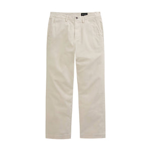 The Archie Sueded Trouser by AG Jeans, featuring a straight-leg silhouette in beige khaki with belt loops, front pockets, and a button closure, is displayed laid flat on a white background.