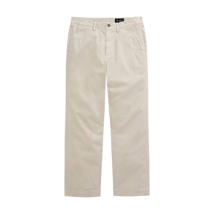The Archie Sueded Trouser by AG Jeans, featuring a straight-leg silhouette in beige khaki with belt loops, front pockets, and a button closure, is displayed laid flat on a white background.