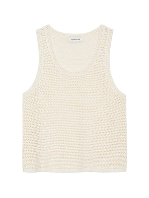 The Arie Tank by Anine Bing is a sleeveless, cream crochet knit with a scoop neckline, shown laid flat on a white background.