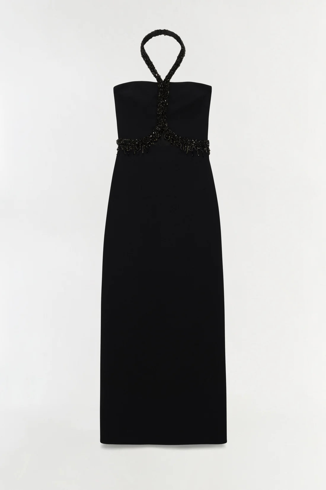 Simkhai Zoriel gown in black crepe, featuring a strapless design with a beaded halter neckline and matching beaded waist trim.
