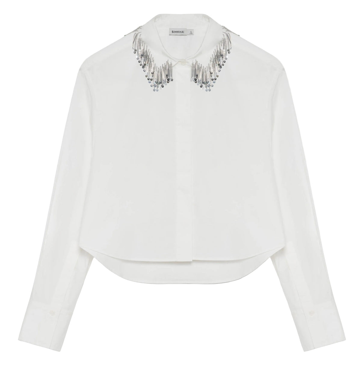 Simkhai Renata Embellished Collar Cropped Shirt in white, featuring a button-down design and a collar adorned with silver beaded fringe.