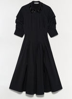Simkhai Jazz Embellished Collar Midi Dress in black cotton poplin, featuring elbow-length sleeves, a button-down front, and a beaded fringe collar.