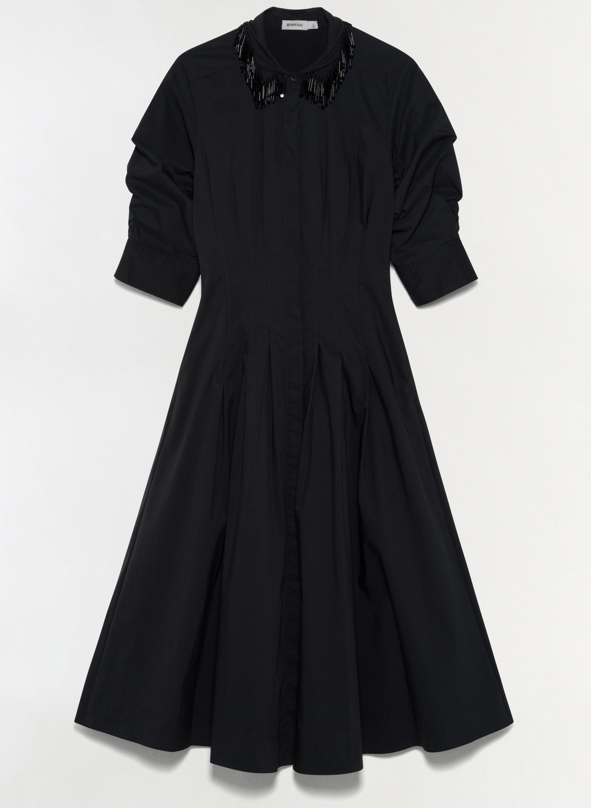 Simkhai Jazz Embellished Collar Midi Dress in black cotton poplin, featuring elbow-length sleeves, a button-down front, and a beaded fringe collar.