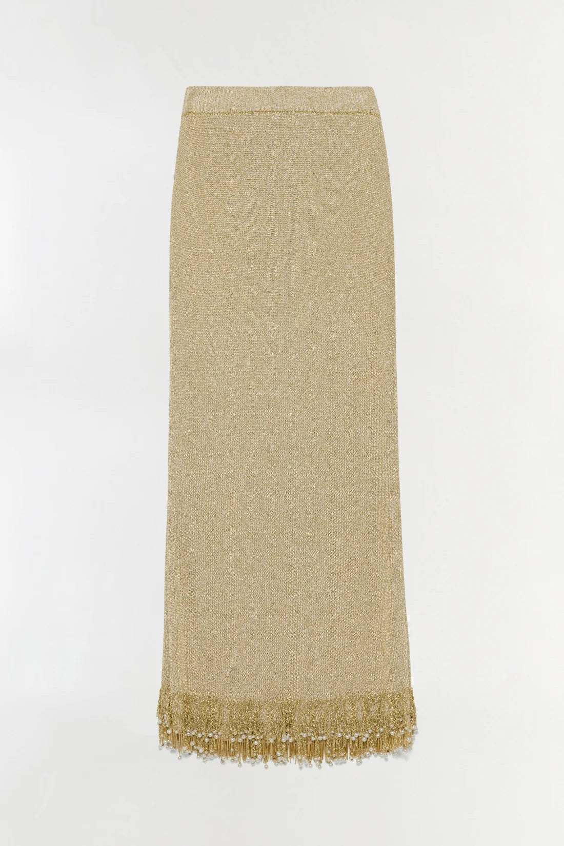 Simkhai Zeni Midi Skirt in gold metallic bouclé with a straight silhouette and a hem finished with fringe and small white beads.