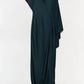 Simkhai Ora Satin Gown in dark green with a draped, asymmetric neckline and a cape silhouette.