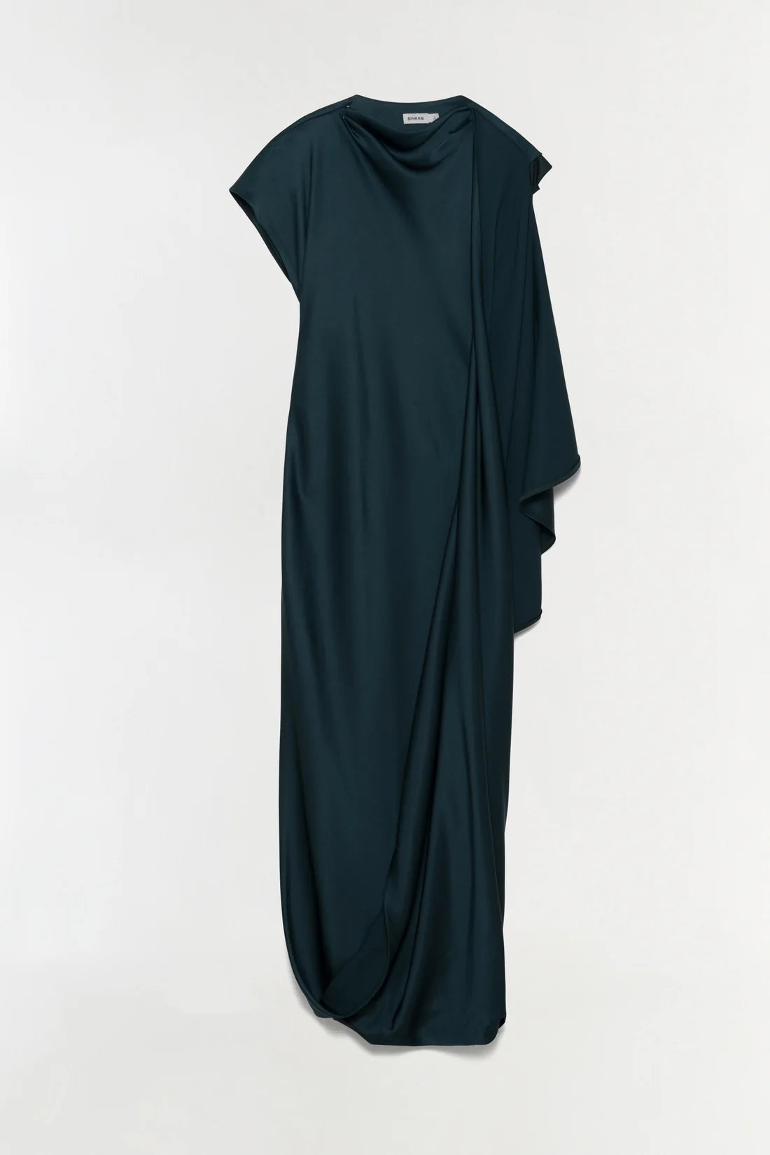 Simkhai Ora Satin Gown in dark green with a draped, asymmetric neckline and a cape silhouette.