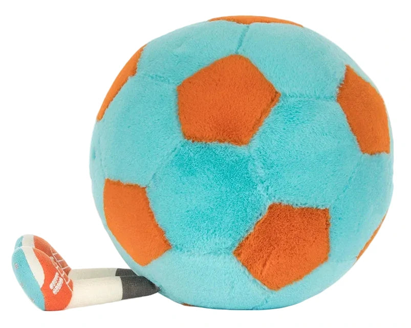 The Jellycat Football by Jellycat is a playful plush in light blue and orange, featuring a small attached fabric whistle for extra fun.