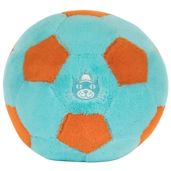 The Jellycat Football by Jellycat features light blue and orange panels, plus an embroidered center logo with a crown and paw print for a fun look.