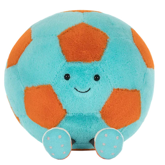 The Jellycat Football by Jellycat is a plush toy with blue and orange panels, a smiling face, and small blue polka-dot feet—an adorable and fun football suitable for all ages.