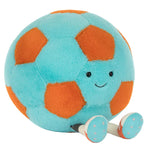 The Jellycat Football by Jellycat is a plush toy with blue and orange patches, a smiling face, and striped legs with feet—making it a fun soccer ball companion for kids.