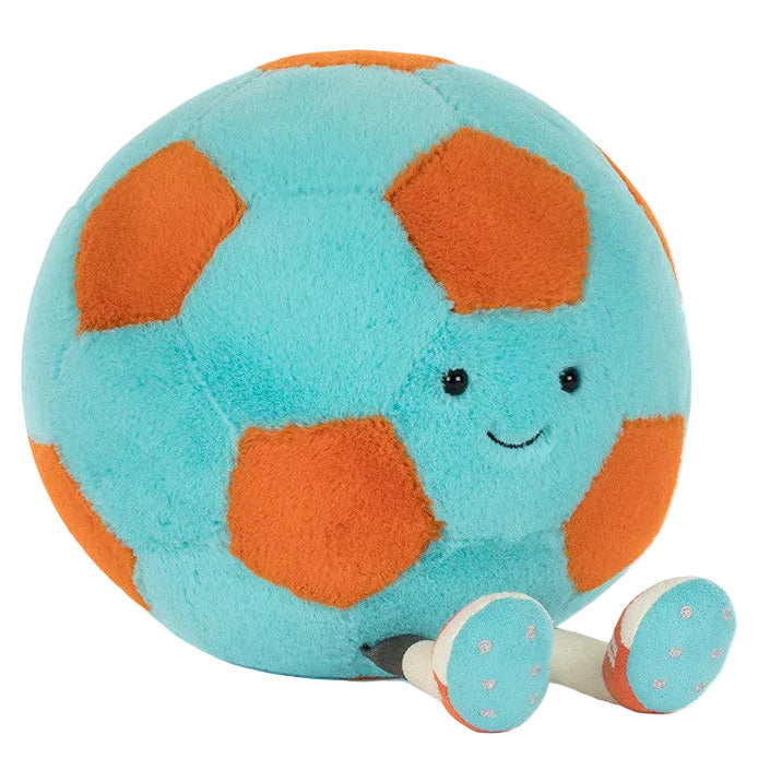 The Jellycat Football by Jellycat is a plush toy with blue and orange patches, a smiling face, and striped legs with feet—making it a fun soccer ball companion for kids.