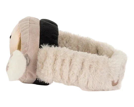 Jellycat Amuseables Sports Ski Club Goggles featuring a soft, fuzzy cream-colored headband and brown goggle-shaped ear covers.
