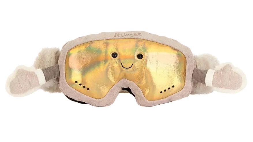 Jellycat Amuseables Sports Ski Club Goggles plush featuring a smiling face, small fuzzy arms, and a shiny gold lens.