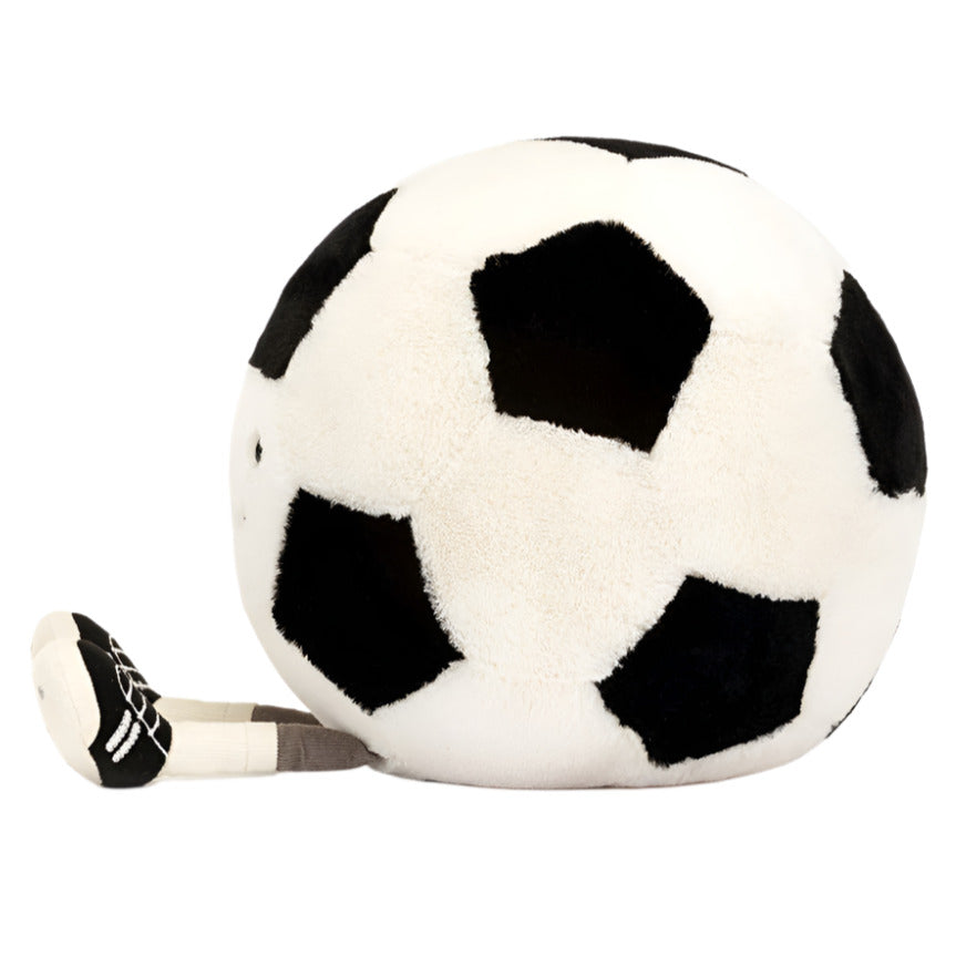 The Jellycat Amuseable Sports Soccer Ball is a plush toy, ideal for football enthusiasts. With its soccer ball shape and attached mini soccer shoe, it makes a delightful sports gift.