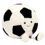 The Jellycat Amuseable Sports Soccer Ball is a plush toy with a smiling face, black eyes, and striped legs with shoes, ideal as a gift for football enthusiasts.