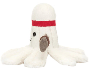 Jellycat’s Amuseables Sports Badminton plush is a white octopus-shaped shuttlecock toy with a red band, smiling face, and gray fin—perfect for adding sporty fun to any Amuseables collection.