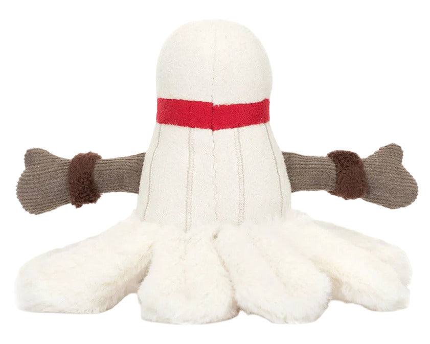 Meet the Jellycat Amuseables Sports Badminton: a plush shuttlecock toy with a white, octopus-like body, red stripe headband, and brown bone-shaped arms—perfect for badminton fans.