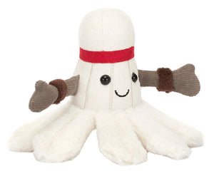 Adorable Jellycat Amuseables Sports Badminton plush—a white octopus with a red headband, smiling face, and brown wristbands—perfect for sporty fans and cuddle time.