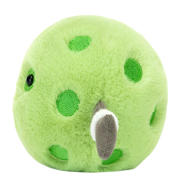 Jellycat’s Amuseables Sports Pickleball is a round, light green plush with darker green spots, a small black eye, and a short gray-and-white tail—resembling a playful pickleball.