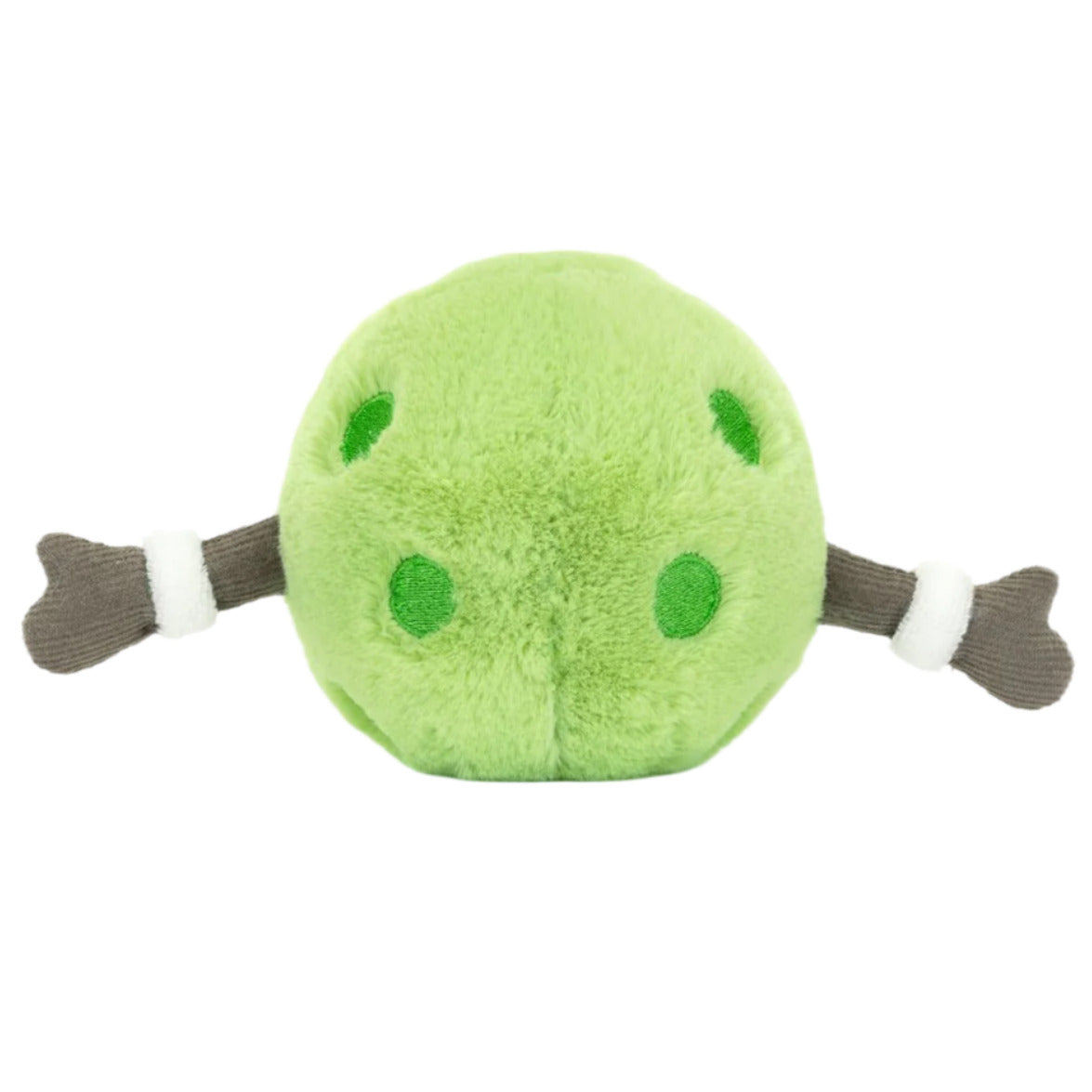 The Jellycat Amuseables Sports Pickleball is a round, green plush toy inspired by a pickleball, with two small dark green dots and two gray, bone-like arms on each side.