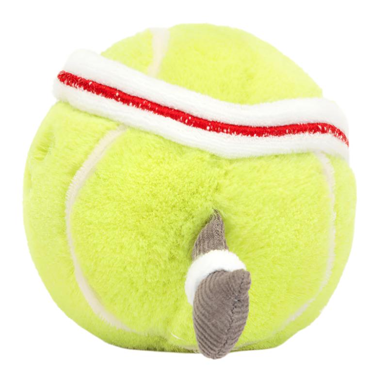 The Jellycat Amuseable Sports Tennis Ball is a plush toy shaped like a tennis ball, featuring white and red stripes with a small gray tail—perfect for any sports fan.
