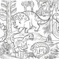 The Eeboo Mini Mural with Color Pencils features a black and white scene of dinosaurs, magical creatures, and prehistoric plants—ideal for coloring or displaying as a fold-out mural.