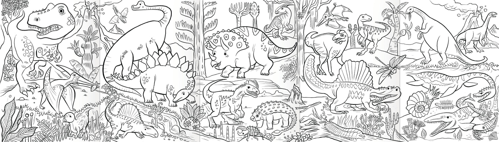 The Eeboo Mini Mural with Color Pencils features a black and white scene of dinosaurs, magical creatures, and prehistoric plants—ideal for coloring or displaying as a fold-out mural.