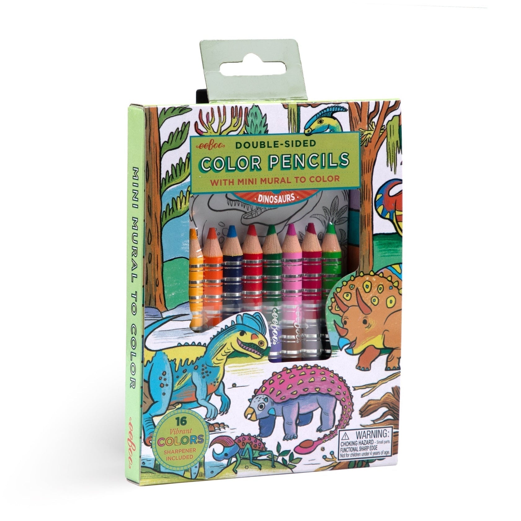 The Eeboo Mini Mural with Color Pencils includes 16 double-sided pencils visible through a clear window and a dinosaur-themed fold-out mural to color, all on the packaging.