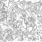 Eeboo Mini Mural with Color Pencils features a black and white whimsical forest scene with animals, fairies, a unicorn, and children among trees and flowers—perfect for coloring or as a playful fold-out mural.