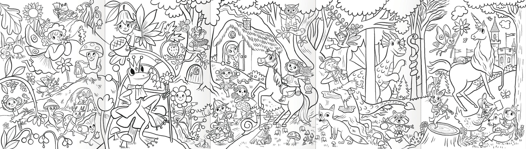 Eeboo Mini Mural with Color Pencils features a black and white whimsical forest scene with animals, fairies, a unicorn, and children among trees and flowers—perfect for coloring or as a playful fold-out mural.