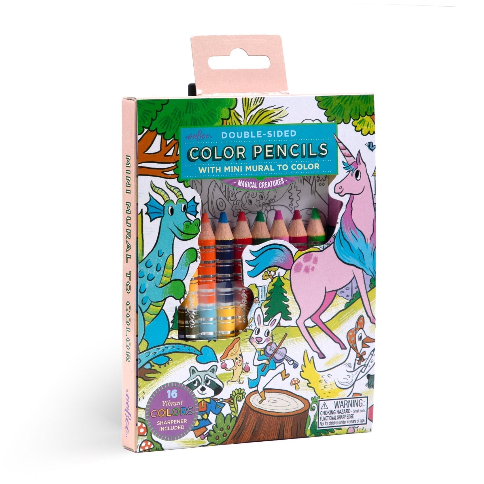 The Eeboo Mini Mural with Color Pencils includes 16 double-sided pencils and a fold-out mural featuring a unicorn and other magical creatures, all in packaging adorned with charming animals.