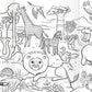 The Eeboo Mini Mural with Color Pencils features black and white illustrations of wild animals, magical creatures, and birds in a jungle and savanna setting—ideal for coloring or displaying as a fold-out mural.