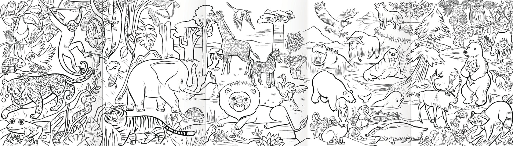 The Eeboo Mini Mural with Color Pencils features black and white illustrations of wild animals, magical creatures, and birds in a jungle and savanna setting—ideal for coloring or displaying as a fold-out mural.