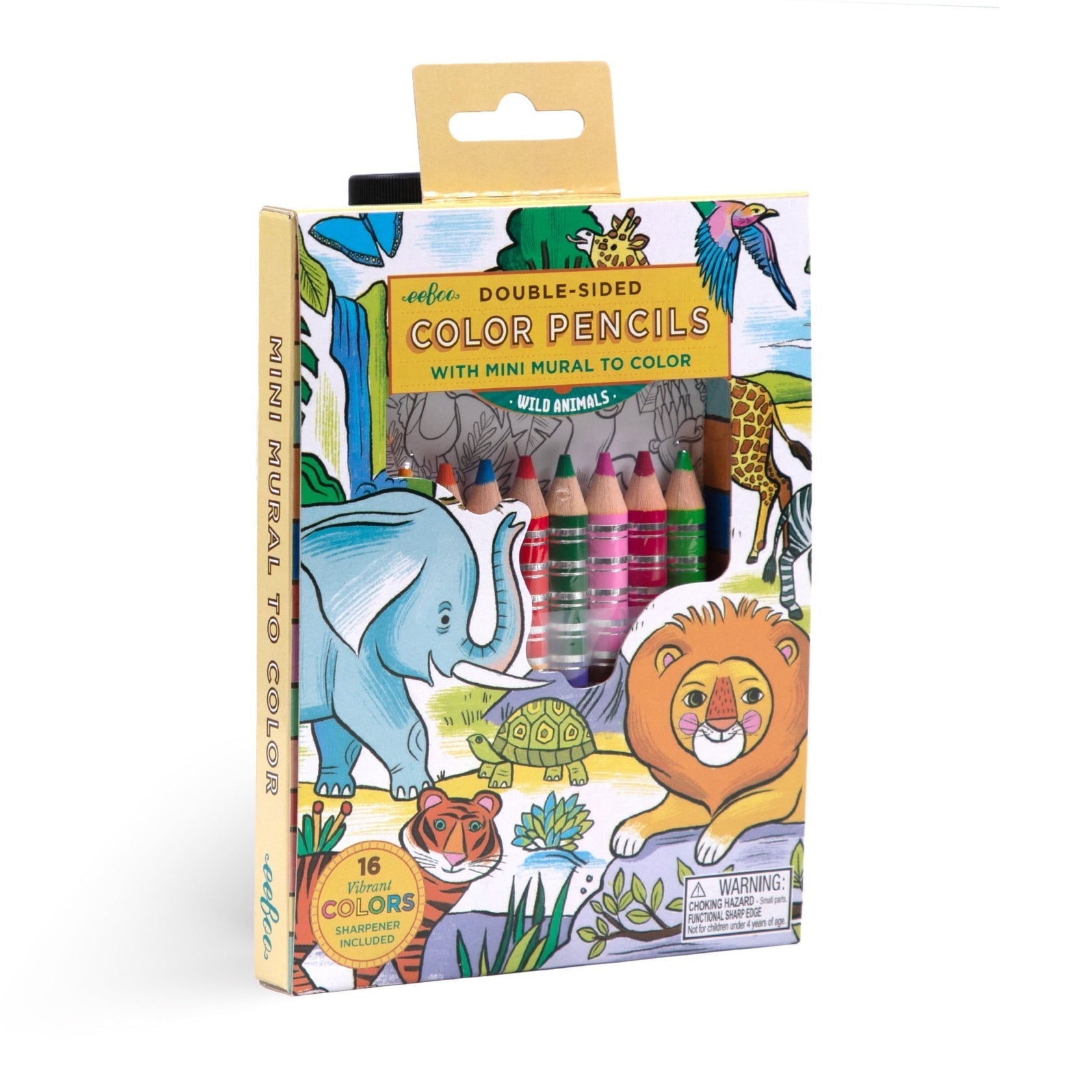 The Eeboo Mini Mural with Color Pencils comes in a box featuring colorful wild animal illustrations and includes double-sided color pencils plus a fold-out mural.