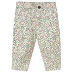 The Cozmo Baby Girls' Atena Floral Pants feature soft cotton fabric, a buttoned waistband, and a vibrant pink, green, and purple floral print on a white background.
