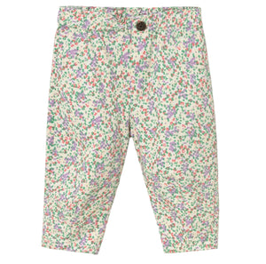 The Cozmo Baby Girls' Atena Floral Pants feature soft cotton fabric, a buttoned waistband, and a vibrant pink, green, and purple floral print on a white background.