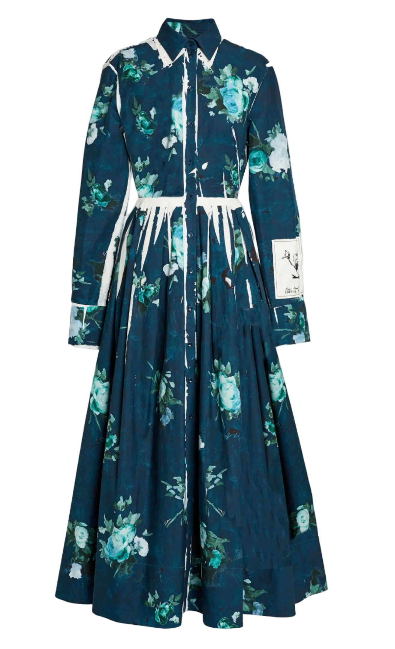 The Erdem Long Sleeve Abstract Rose Shirt Dress features a button-down, collared design in cotton faille with dark teal floral print, white streak accents, and a monochrome patch on one sleeve.