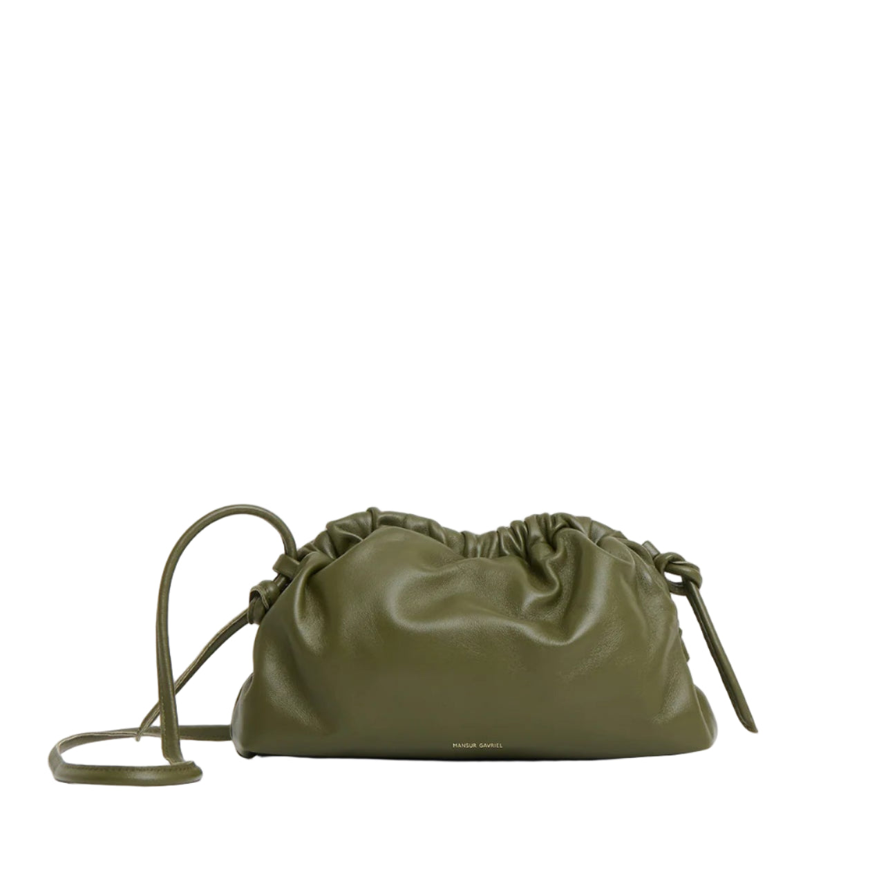The Mini Cloud Clutch by Mansur Gavriel in olive green Italian lambskin features a ruched top and slim shoulder strap, displayed on a plain white background.